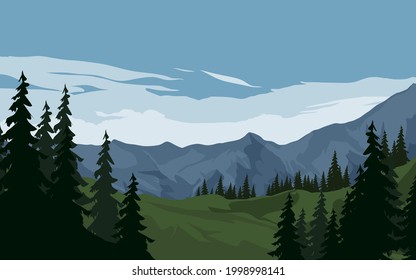 Mountain forest landscape. Flat mountain landscape