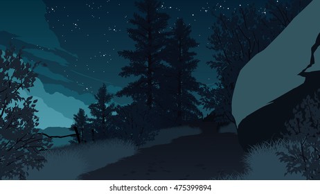 mountain forest landscape flat color illustration at night time