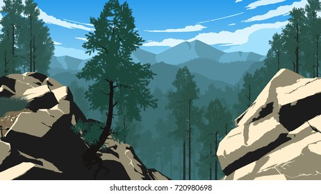 mountain forest landscape flat color illustration in day time