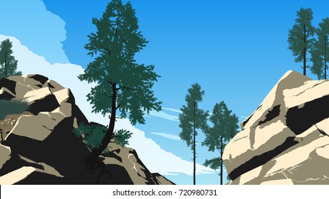 mountain forest landscape flat color illustration in day time