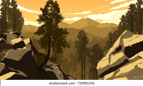 mountain forest landscape flat color illustration in evening time
