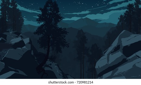 mountain forest landscape flat color illustration at night time