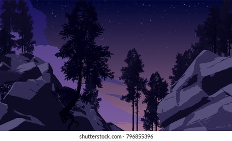 mountain forest landscape flat color illustration in the morning