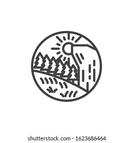 Mountain forest landscape line icon. linear style sign for mobile concept and web design. Forest trees with mountain and sun outline vector icon. Symbol, logo illustration. Vector graphics
