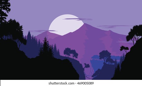 Mountain and forest landscape in night, in violet tone. Flat landscape. Vector illustration.
