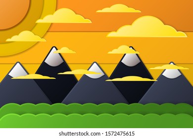 Mountain and forest landscape with orange sky in paper art style.