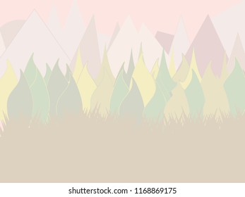 Mountain and forest landscape. Panoramic view of mountains and forest in muted color tones. Wild nature landscape with mountains, trees and grass. Stylish Flat Nature Background