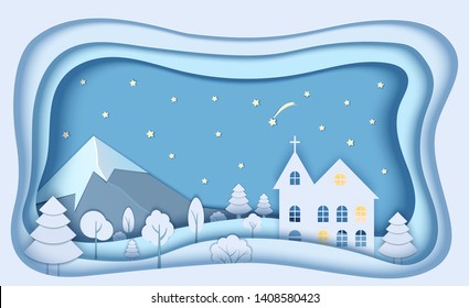 Mountain forest landscape in paper cut style. 3d paper origami church and night starry sky, shooting star for concept design. Merry christmas card. Vector Holiday frame.