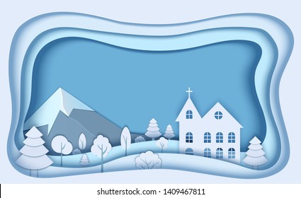 Mountain forest landscape in paper cut style. 3d paper cut church with blue sky,  for concept design. Merry christmas card. Vector Holiday frame.