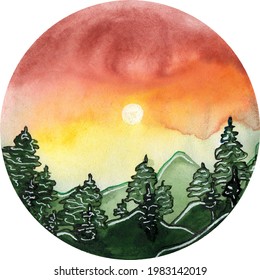 Mountain forest landscape with sunset in a circle. Watercolor hand drawn vector illustration with transparent background.