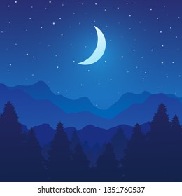 Mountain and forest landscape with trees on night, Vector illustration 