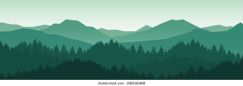 
mountain and forest landscape vector illustration with sunrise and sunset in the mountains