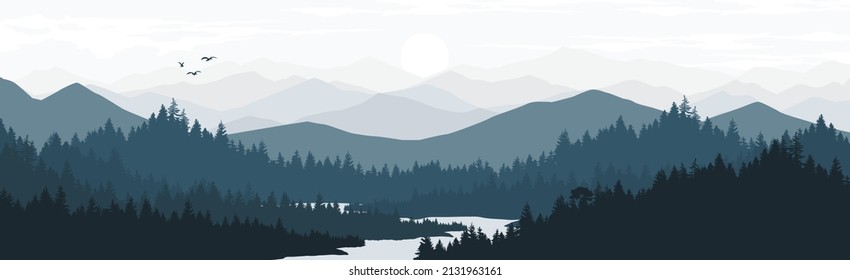 mountain and forest landscape vector illustration with sunrise and sunset in the mountains	