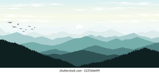
ilustración de vectores de paisajes montañosos y forestales con amanecer y puesta de sol