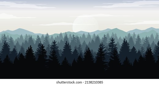 ilustración de vectores de paisajes montañosos y forestales con amanecer y puesta de sol 