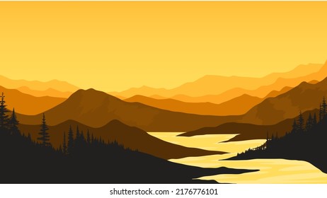 Mountain forest landscape vector illustration, orange gradient mountain silhouette.