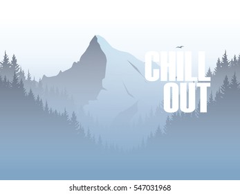 Mountain and forest landscape vector illustration with foggy, haze mountains valley. Eps10 vector illustration.