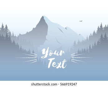 Mountain and forest landscape vector illustration with foggy, haze mountains valley. Concept of exploration, adventure. Eps10 vector illustration.