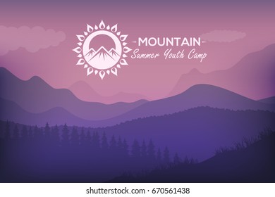 Mountain, Forest Landscape Vector Illustration, Web Banner. Climbing or Trekking Concept Abstract Nature Illustration