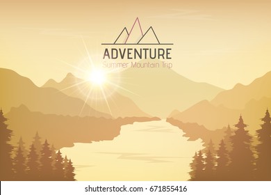 Mountain, Forest Landscape Vector Illustration, Web Banner. Climbing or Trekking Concept Abstract Nature Illustration