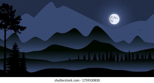 Mountain forest with moon background. Night landscape in dark blue tones. Hills and trees. Vector.