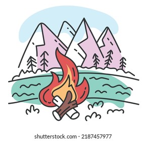 Mountain forest nature camping line art doodle concept illustration. Vector doodle line style design element