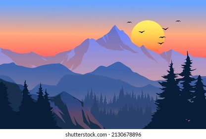 Mountain and forest nature landscape sunset