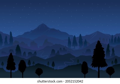 Mountain and Forest at Night Landscape Background, Natural Scenery and Environment View