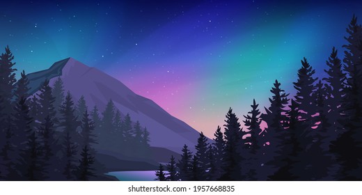 Mountain forest at the northern lights  landscape.