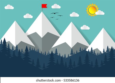 Mountain and forest paper on green sky background, eps 10