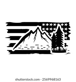 Mountain and Forest Patriotic Design with Rugged Mountain Range, Pine Trees and American Flag