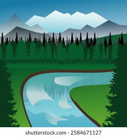 Mountain, Forest, River, Tree, Nature, water, vector