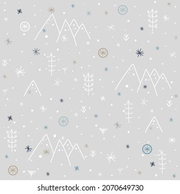 Mountain and forest seamless pattern background. Winter pattern.