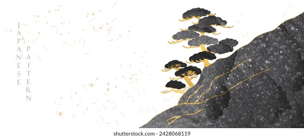 Mountain forest with silhouette hill template with black and white brush stroke texture. Pine tree element. Abstract landscape background in vintage style. 