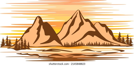 Siluetas de montaña y bosque, fondo colorido, ilustración vectorial plana.