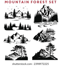 Mountain Forest Silhouettes Set Design Illustration.