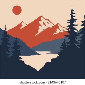 MOUNTAIN FOREST SUN RIVER VECTOR