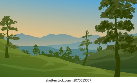 Mountain forest sunset or sunrise landscape