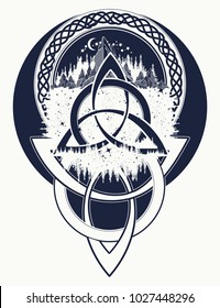 Mountain, forest, symbol travel, symmetry, tourism t-shirt design. Celtic tattoo in ethnic style 