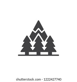 Mountain forest vector icon. filled flat sign for mobile concept and web design. Snowy mountain peak and trees simple solid icon. Symbol, logo illustration. Pixel perfect vector graphics