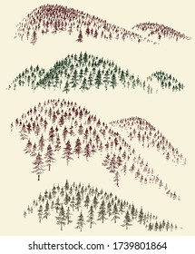 Mountain forest vector set. Hand drawn coniferous woods peaks