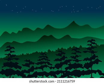 vista de los bosques de montaña y cielo estrellado nocturno