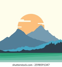 Mountain and forest in vintage beautiful vibrant color vector illustration for painting, poster, design, graphic element, book