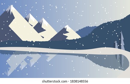 Mountain forest winter landscape near a reservoir near a lake in blue. Vector illustration. Winter mountain background.