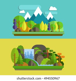 Mountain, Forrest and Waterfall Landscape.Flat Vector Design