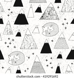 Mountain and fox seamless pattern. Modern design. Vector illustration. 