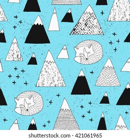 Mountain and fox seamless pattern. Modern design. Vector illustration. 