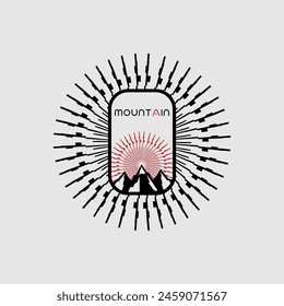 Ilustración gráfica de Vector del logotipo de la línea del marco de la montaña en el fondo, insignia de la etiqueta, abstracto