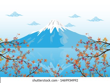 Mountain fuji, famous landmarks of Japan with maple leaf vector illustration.