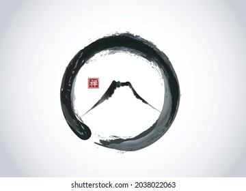 Mountain Fuji hand drawn with ink in black enso zen circle on white background. Traditional Japanese ink wash painting sumi-e. Translation of hieroglyph - zen.